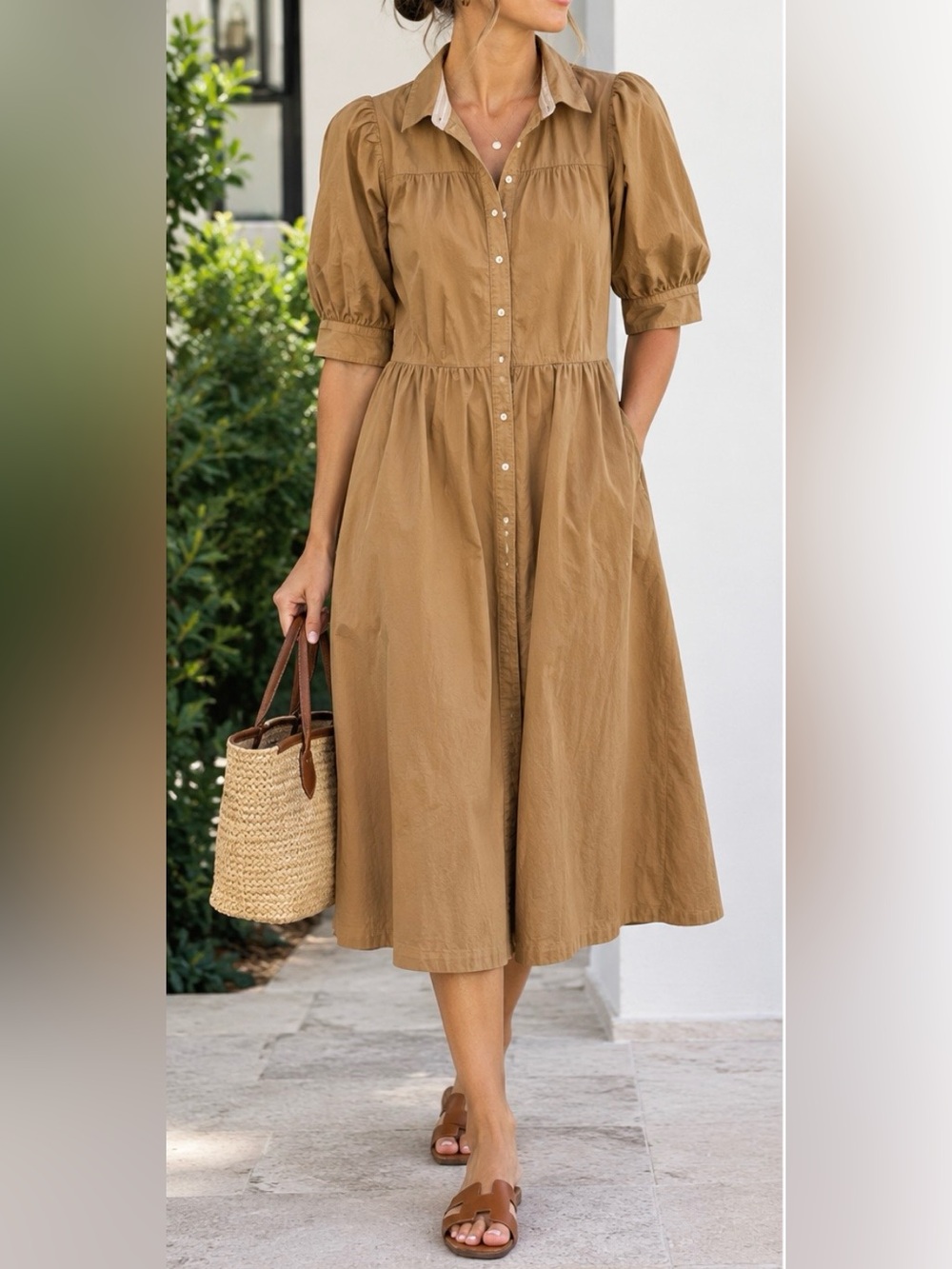 Vineyard Vines Camel Brown Short Puff Sleeve Button Up Shirt Dress Size XS